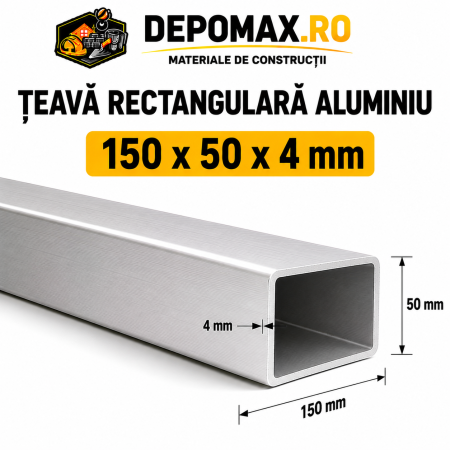 Teava rectangulara aluminiu 150 x 50 x 4 mm, 6 metri (EN AW-6060)